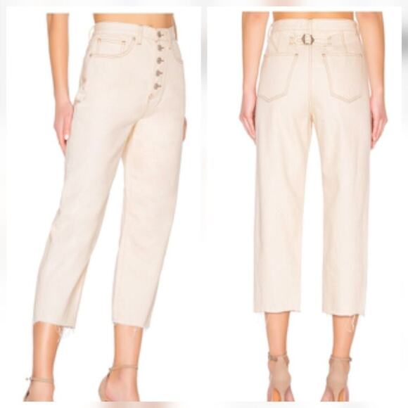 Free People Denim - We The Free Crop Barrel Jeans Women 29 Ivory Button Fly FP Denim Frayed Hem Hi